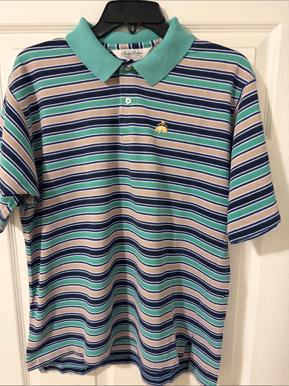 Brooks Brothers Striped Polo in Teal, Navy & Beige with Yellow Logo